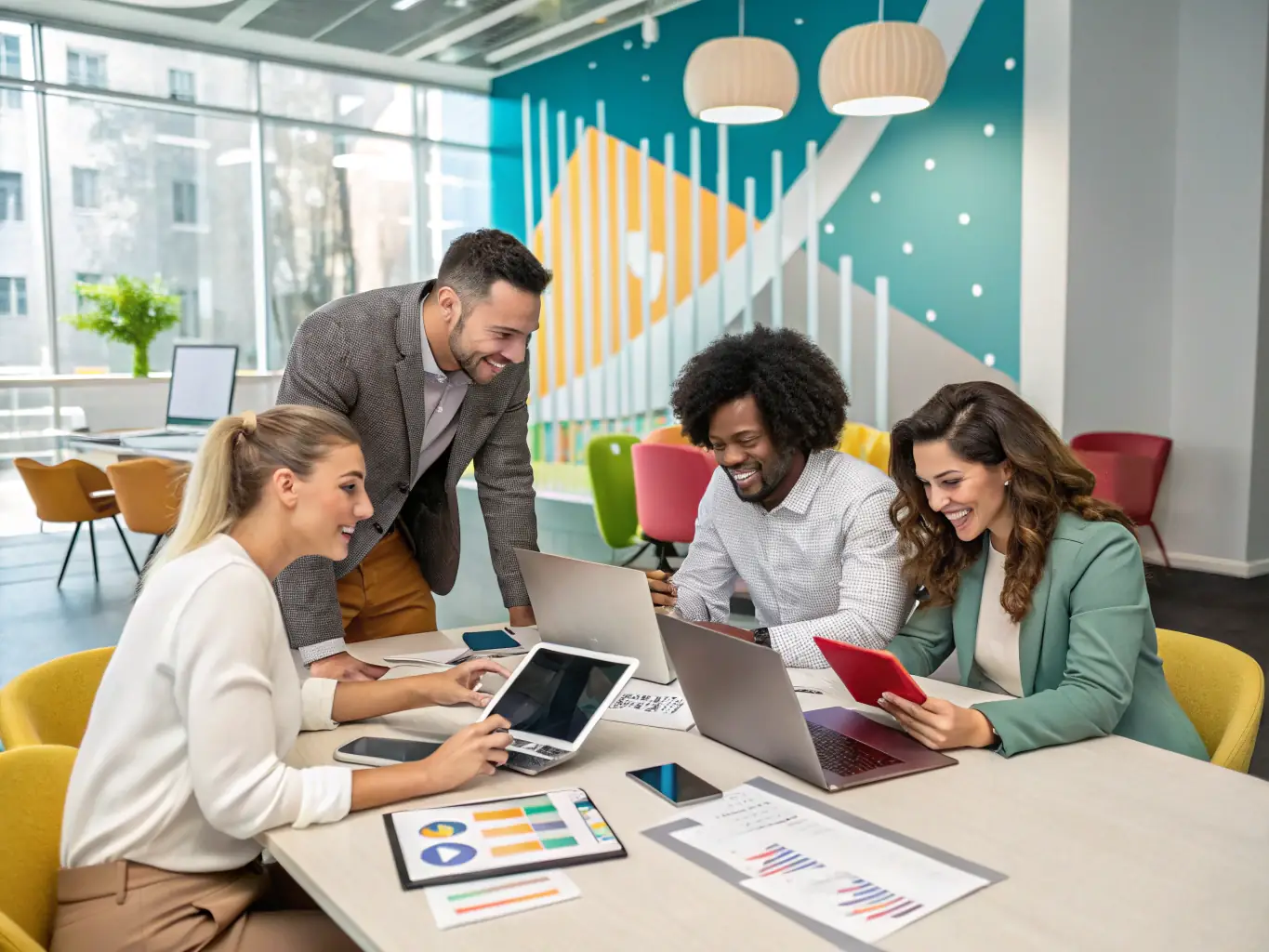 A professional coaching session with AI interfaces and engaged learners, showcasing personalized digital coaching.