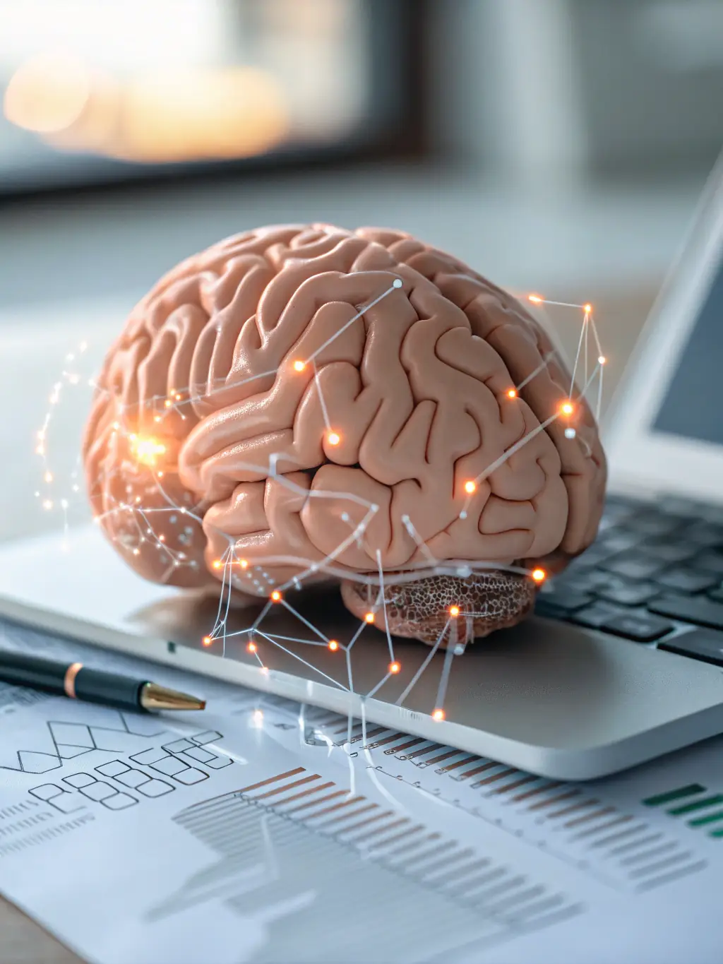 A digital blueprint overlaying a human brain, showcasing the AI's ability to map and optimize cognitive processes.