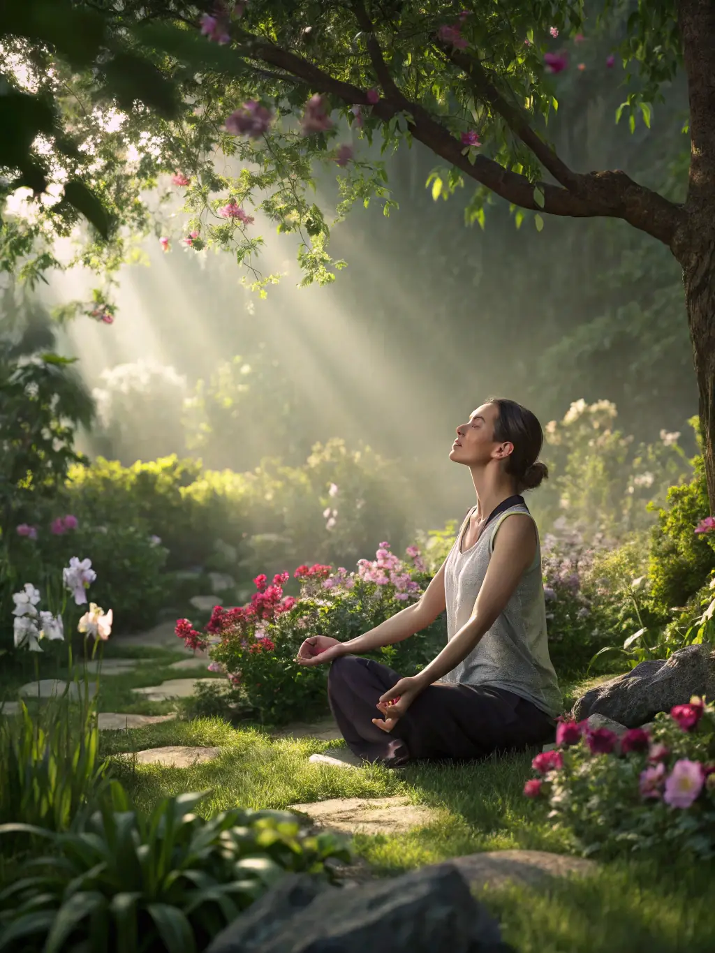 A determined warrior in a meditative pose, bathed in soft light, symbolizing inner peace and strength achieved through MindLayer™.